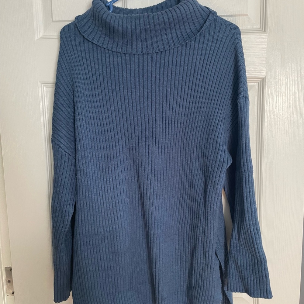 Blue Ribbed Turtleneck Sweater